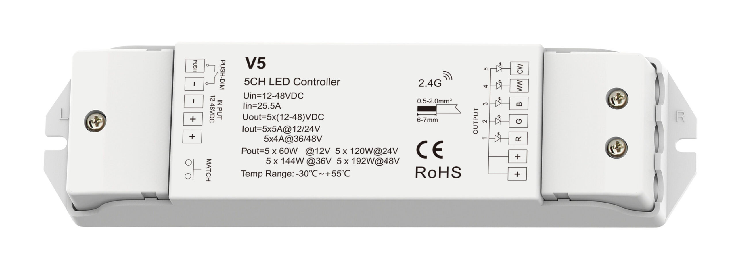 12-24VDC 600W Universal RGB + Tuneable White Strip Controller Push Dim +RF 2.4Ghz Wireless Control